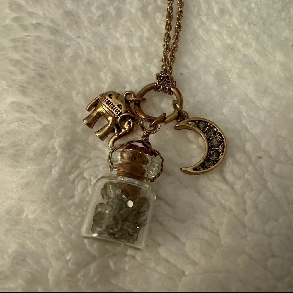 Gold-tone Mystical Magical Charm Necklace Long Chain Elephant Crescent Moon